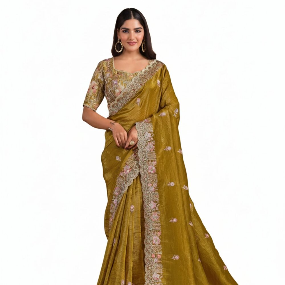 Luxurious Mustard Yellow Crush Paper Silk Saree with Hand-Embroidered Floral